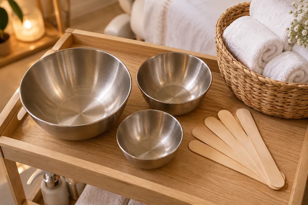 Plateau d’institut avec bols en inox, spatules en bois et serviettes roulées