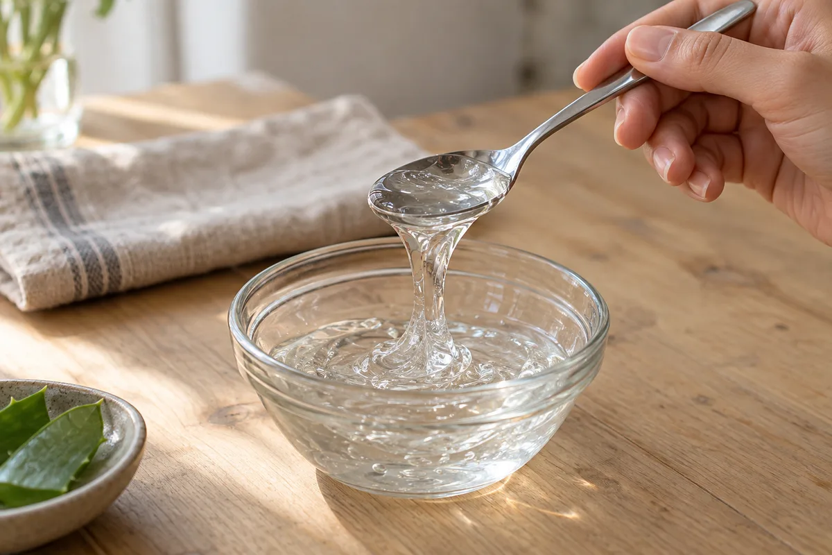 Main prélevant du gel d’aloe vera translucide à la cuillère dans un bol en verre