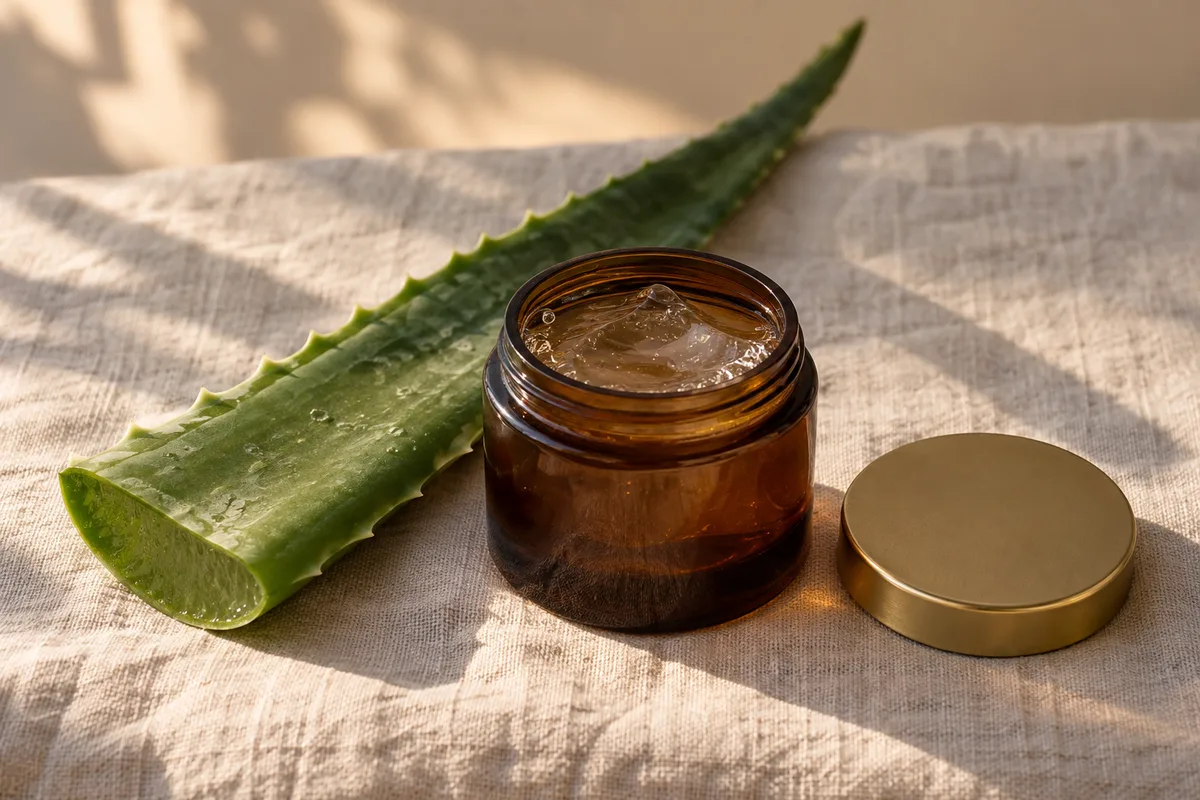 Pot en verre de gel transparent posé près d’une feuille d’aloe vera sur du lin clair