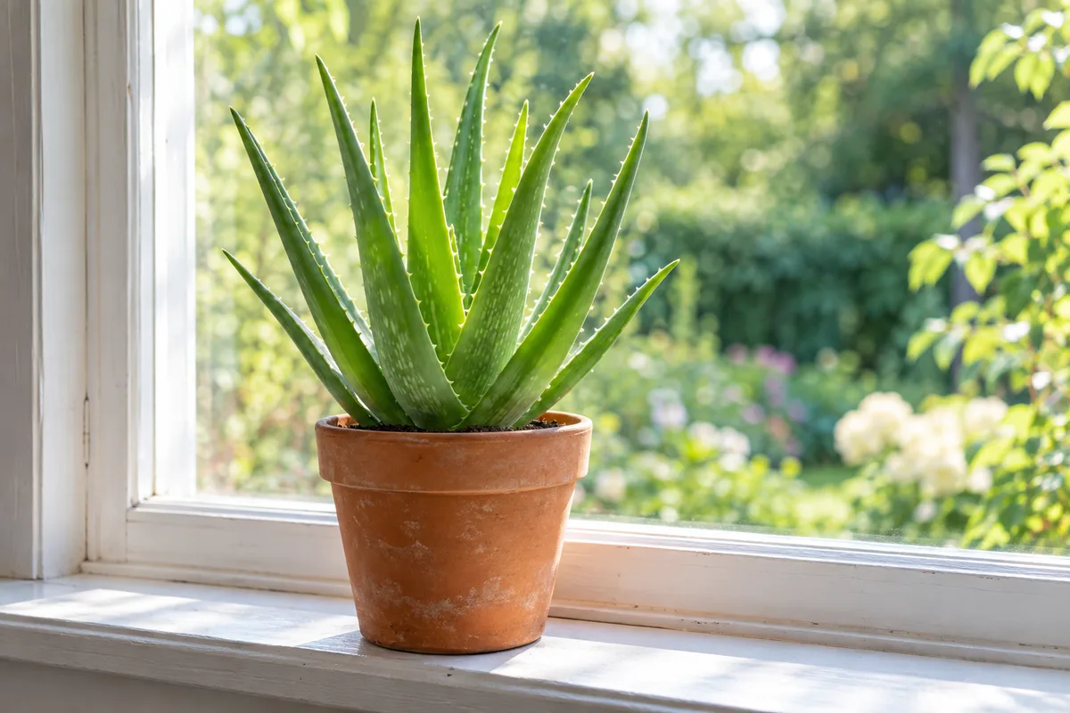 Plant d’aloe vera dans un pot en terre cuite devant une fenêtre lumineuse