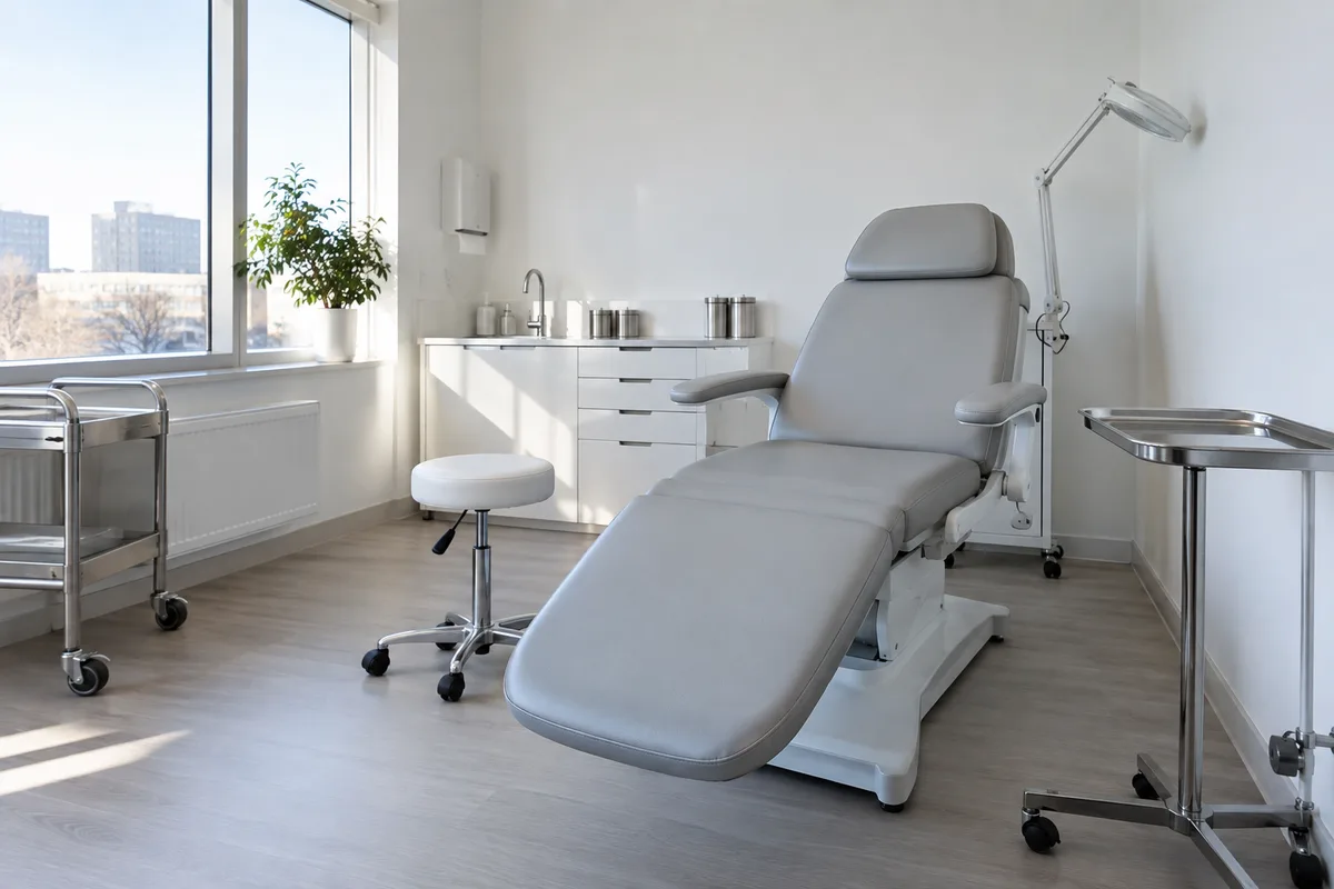 Cabinet de médecine esthétique vide avec fauteuil incliné dans la lumière du matin