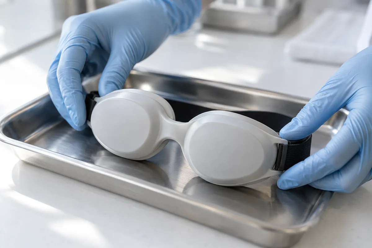 Mains gantées ajustant des lunettes de protection opaques posées sur un plateau