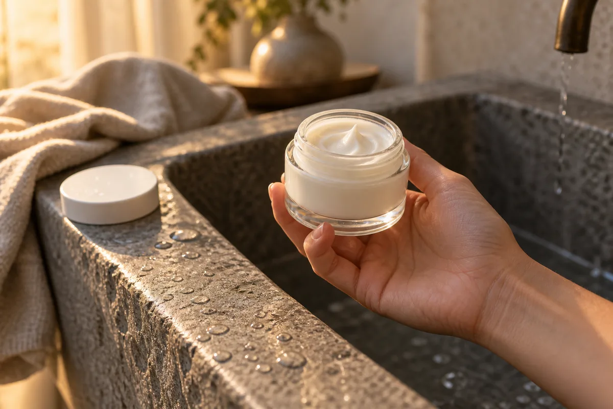 Main tenant un pot de crème en verre ouvert au-dessus d&rsquo;une vasque en pierre