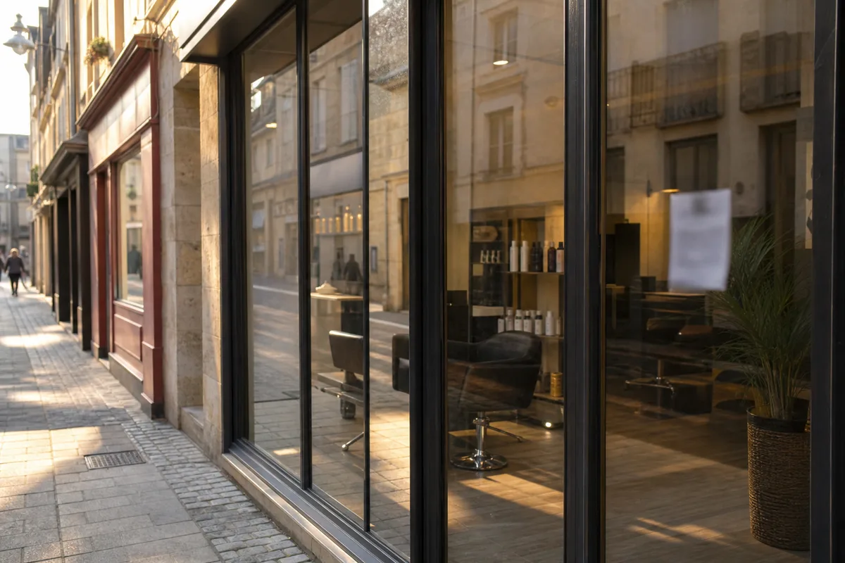Vitrine d’un salon de beauté avec une annonce de recrutement dans une rue commerçante du sud-ouest