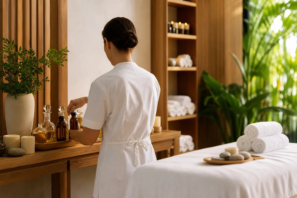Salle de spa avec table de massage, linge blanc et huiles pour un praticien bien-être