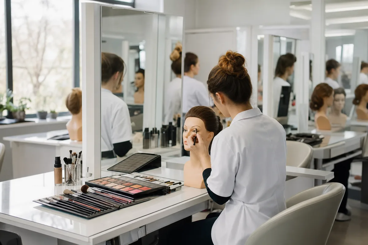 Élève en blouse s’exerçant au maquillage en salle de formation esthétique