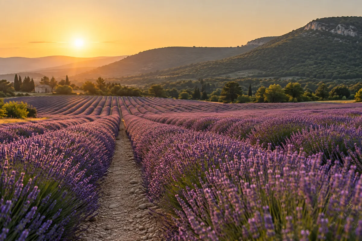 Champ de lavande en rangs violets au pied de collines provençales dans la lumière de fin de journée