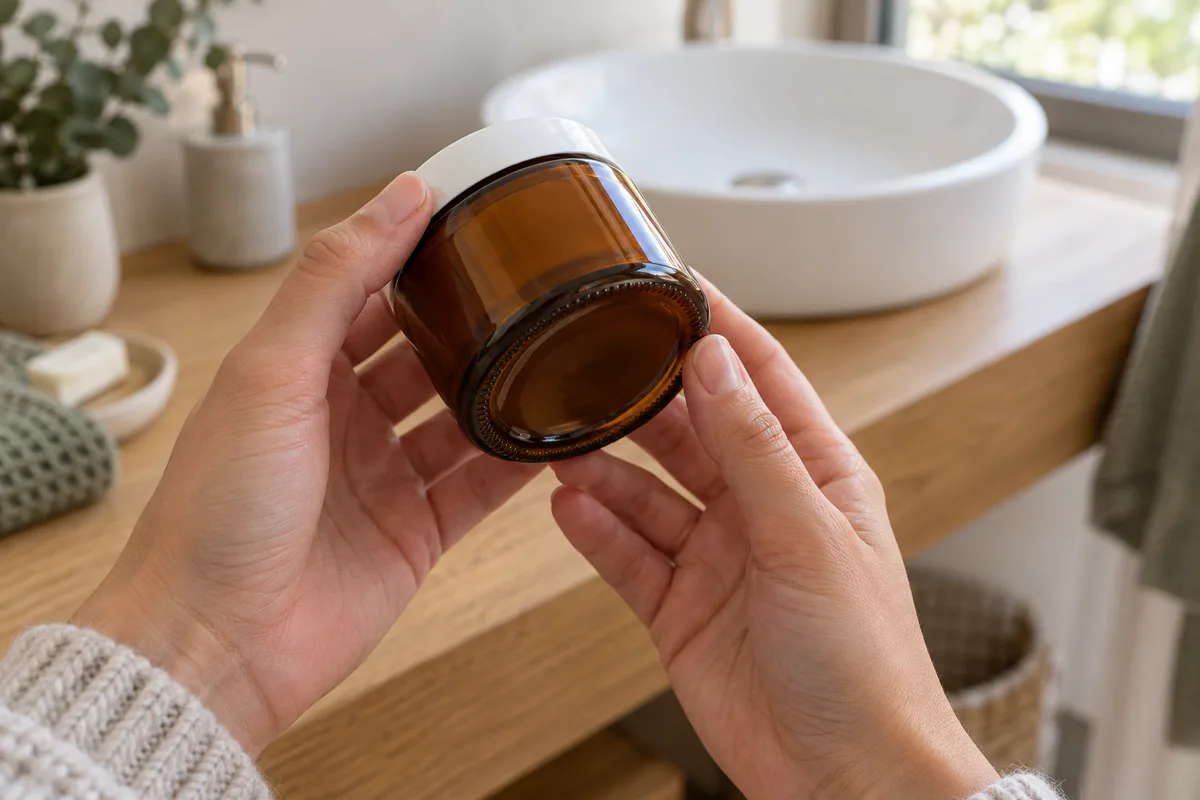 Mains qui retournent un pot en verre ambré pour en regarder le dessous au-dessus d’un plan en bois