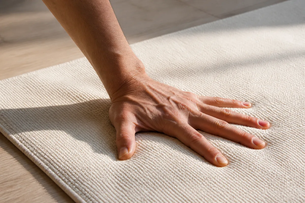 Mains posées à plat sur un tapis de yoga en coton, doigts largement écartés
