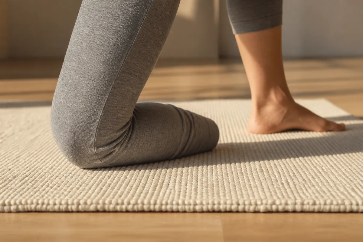 Genou plié posé sur un tapis de yoga épais, cadrage rapproché sur le tissage