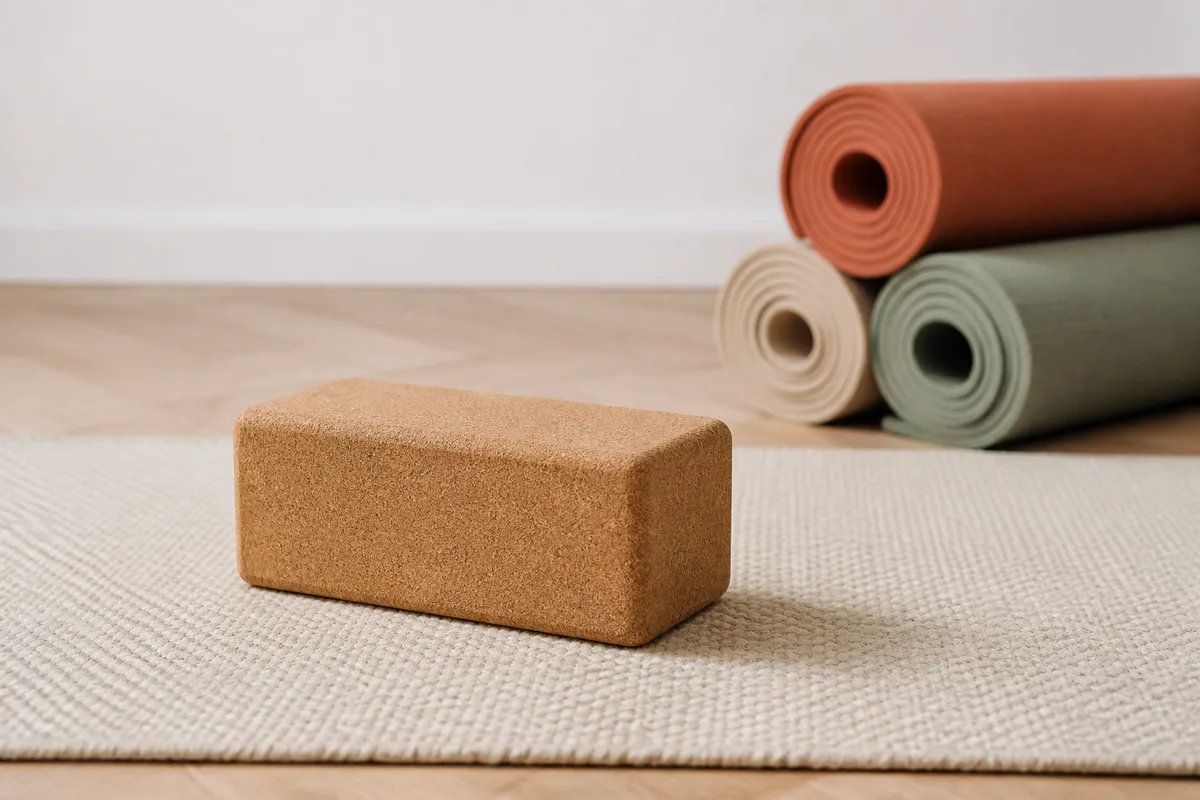 Brique de yoga en liège posée sur un tapis de coton tissé, lumière rasante
