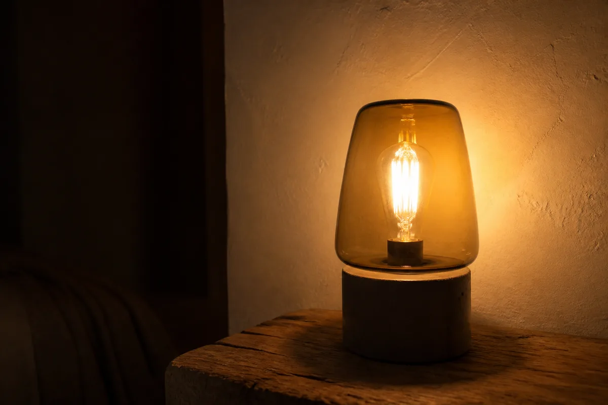 Lampe de chevet à lumière chaude posée sur une table de bois dans une chambre en pénombre