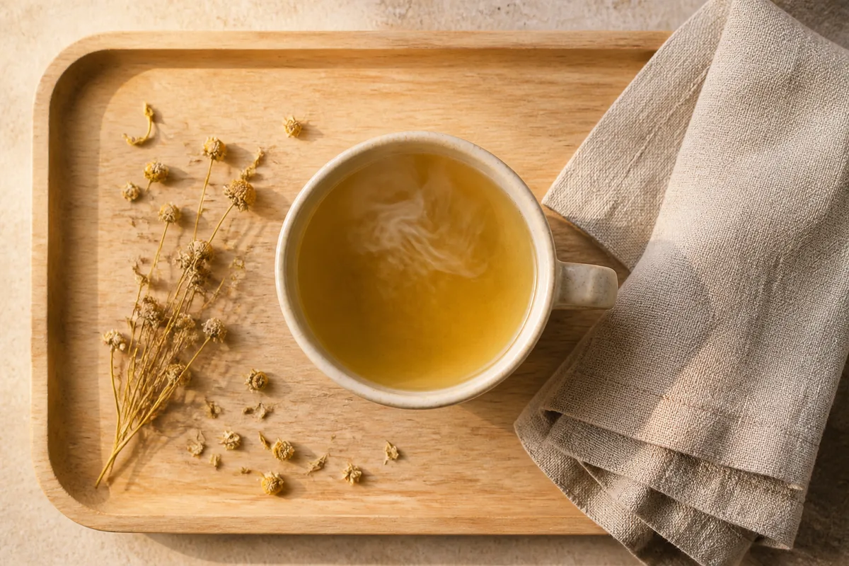 Tasse de tisane fumante vue de dessus sur un plateau de bois clair