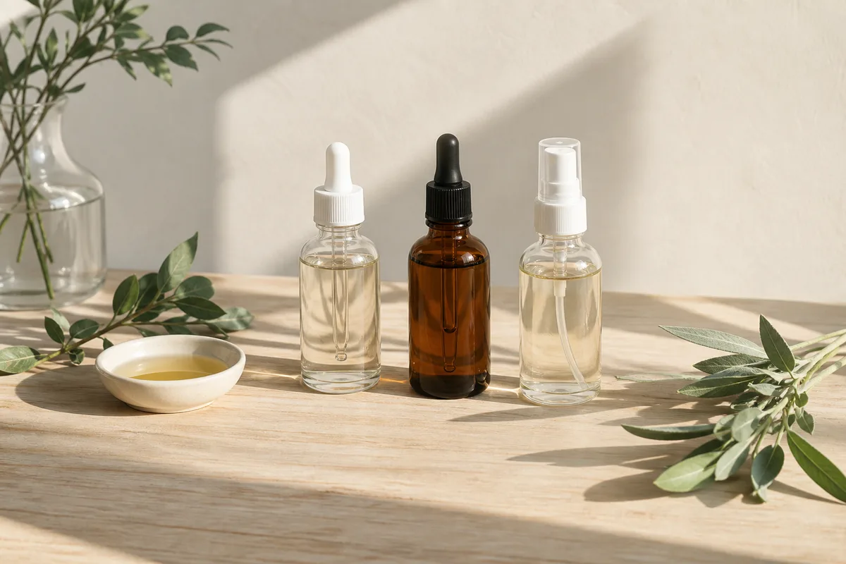 Flacons de soins naturels et feuillages sur une table en bois clair