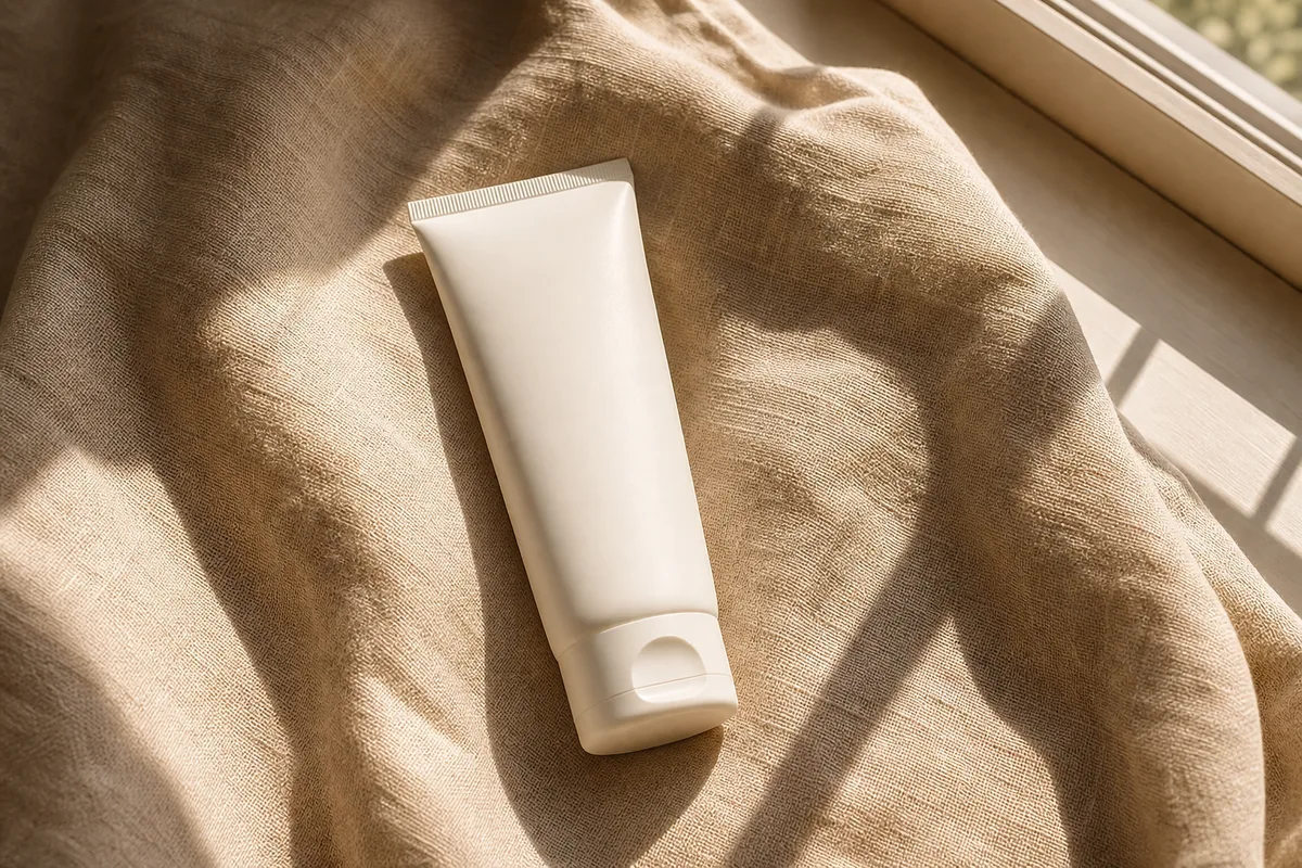 Tube de crème solaire posé sur un tissu en lin beige près d’une fenêtre