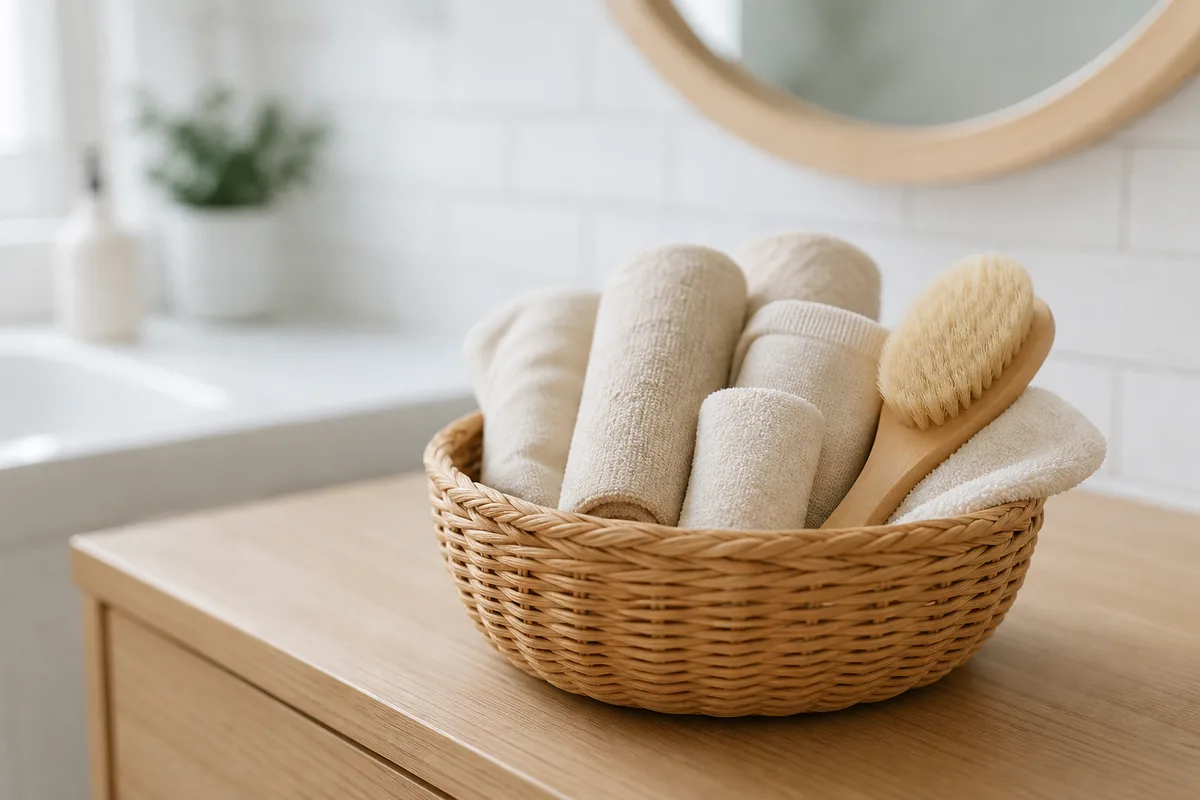 Panier de brosses douces et de linges de toilette dans une salle de bain lumineuse
